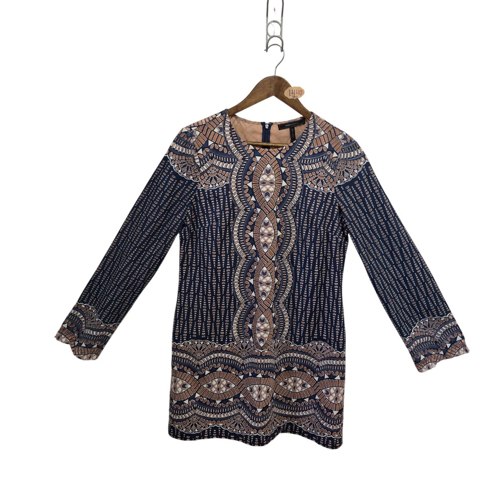 BCBGMAXAZRIA Navy Blue Tan Geometric Tribal Print Long Sleeve Shift Dress M